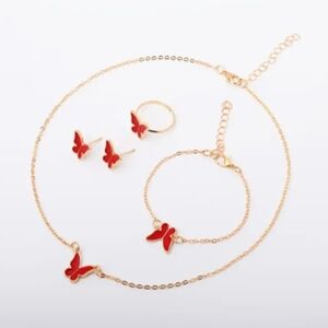 Chic Red Butterfly Necklace, Ring, Bracelet, Earring Set